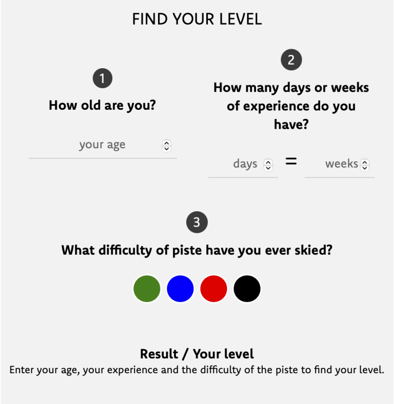 Level Finder Eingabefelder Alter Erfahrung Pistenfarbe für Skikursniveau